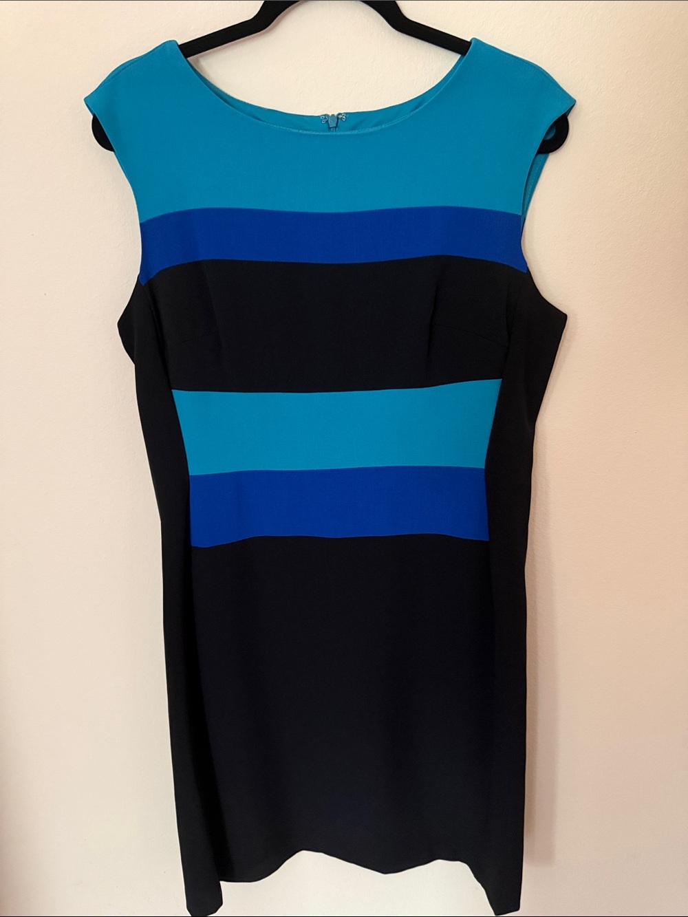 Sandra Darren Colorblocked Cap-Sleeve Midi Dress in Teal, Cobalt & Black.